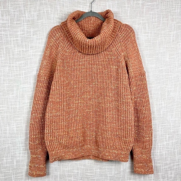 Free People Leo Cowl Neck Oversize Sweater Tunic Orange Speckled Drapey Pullover - Picture 2 of 6